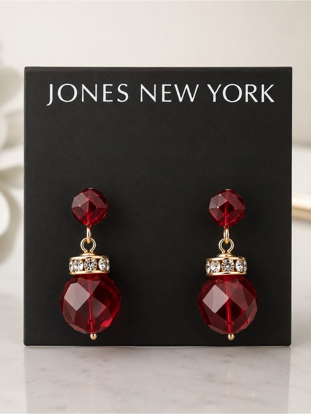 Jones New York Garnet Red Faceted Drop Earrings with Gold Accents